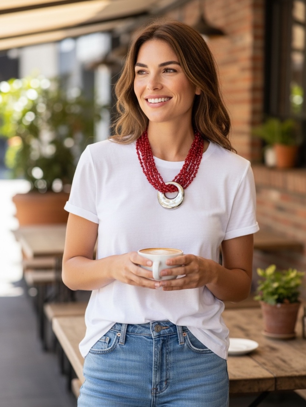 Bold Red Beaded Statement Necklace with Silver Donut Pendant